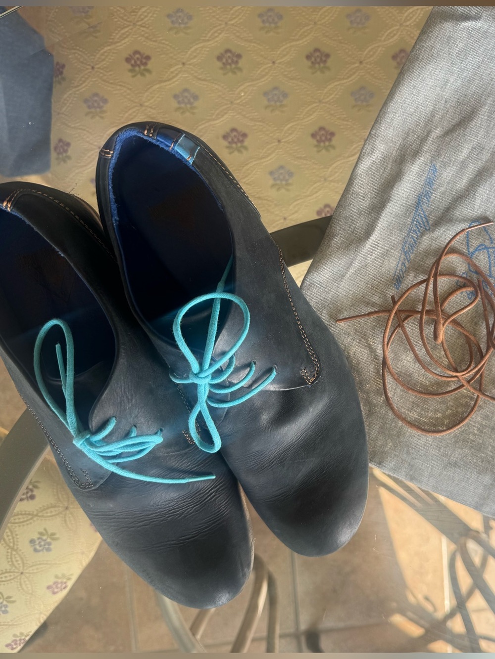 John Fluevog Navy Leather Flats with Turquoise Laces
